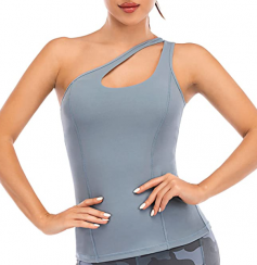 Yoga Athletic One Shoulder Tank Top with Built in Sports Bra 2 pcs